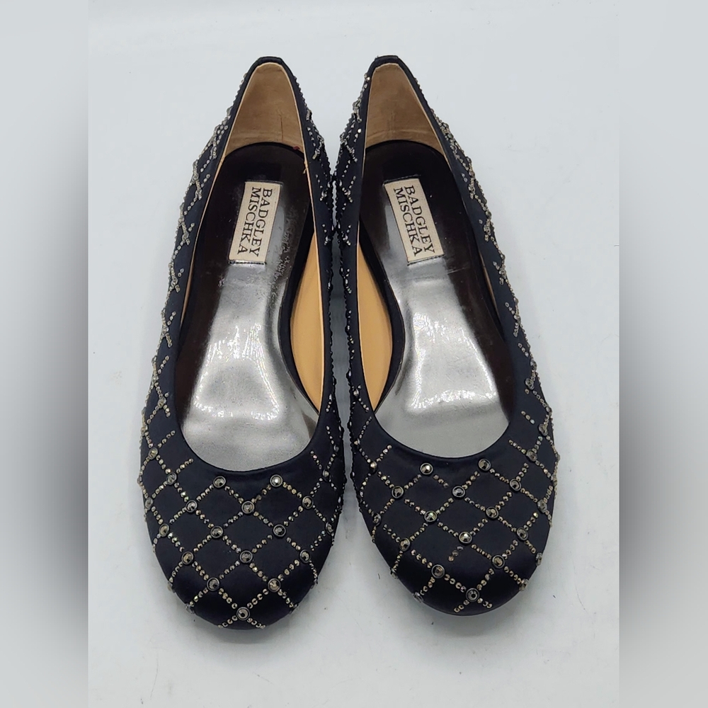 Badgley Mischka Norell Quilted Crystal Satin Flats In Black Size 7.5